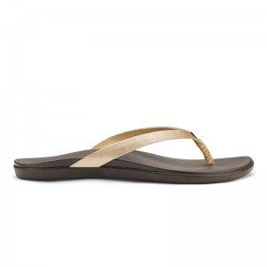 Olukai Ho'ōpio Leather Beach Sandals Dame Guld Mørkebrune Danmark | P7C-9641